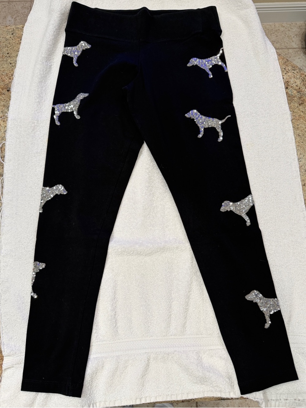 PINK Victoria's Secret Black Leggings with Silver Sequin Dogs, never worn